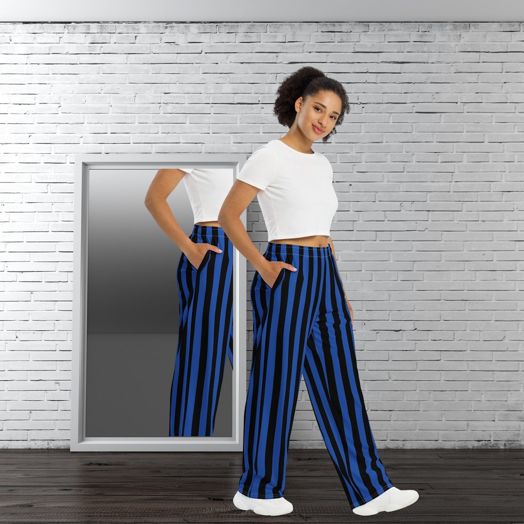 Black and Blue Striped Pant Pajama Style Pants for School Colors Basketball Lounge Pants School