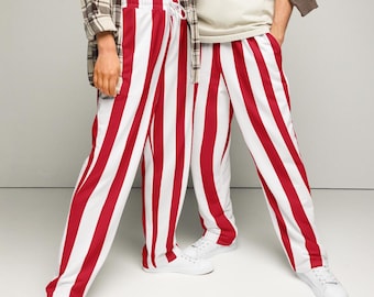 Red and White striped slim fit sweatpants Red and white wide leg joggers holiday loungewear Valentine&#39;s Day Gift Idea Matching Spirit Wear