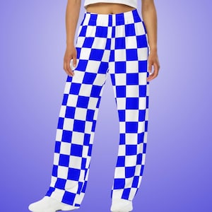 Blue and White Checkerboard Wide Leg Pants for Game Day Lounge Travel or Gift | School Spirit Pajama Style for Football and Basketball Fans