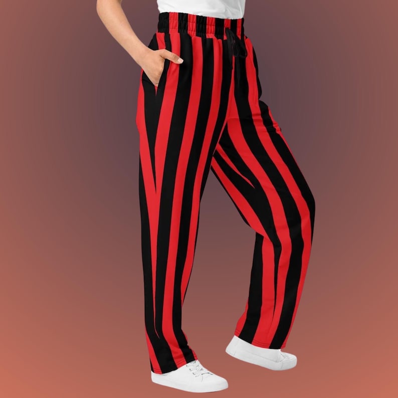 red and black vertical striped wide leg joggers/sweatpants
