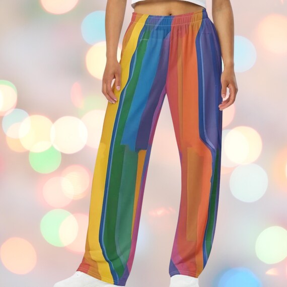 Calça listrada arco-íris com padrão abstrato, cores do arco-íris