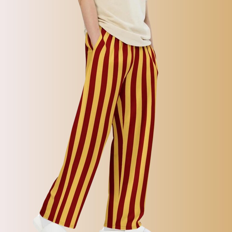 maroon and yellow striped lounge pants
