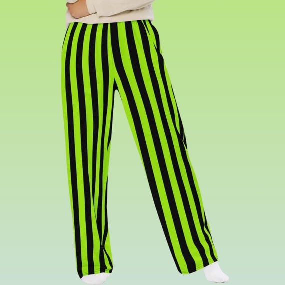 Neon Green Striped Lounge Pants: Wide Leg Sports Fan Wear UK