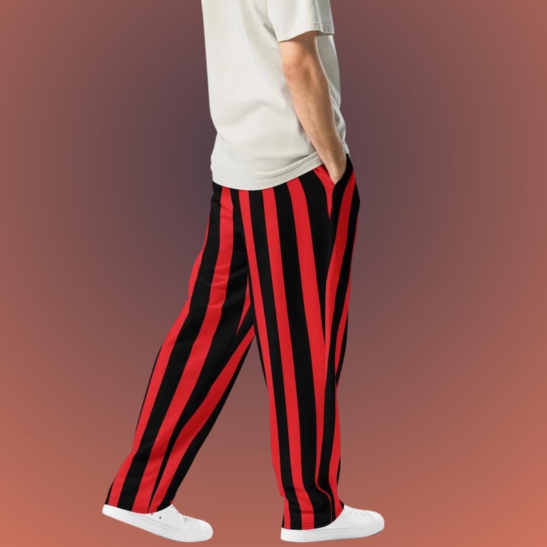red and black vertical striped wide leg joggers/sweatpants
