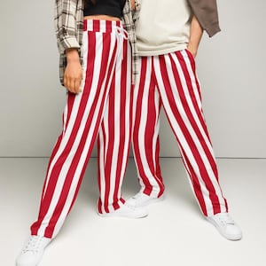 Red and White Striped Joggers: 90s Style Recycled Polyester Loungewear