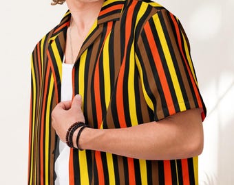 Retro Striped Button-Down Shirt: Orange, Yellow, Brown - Oversized Fit