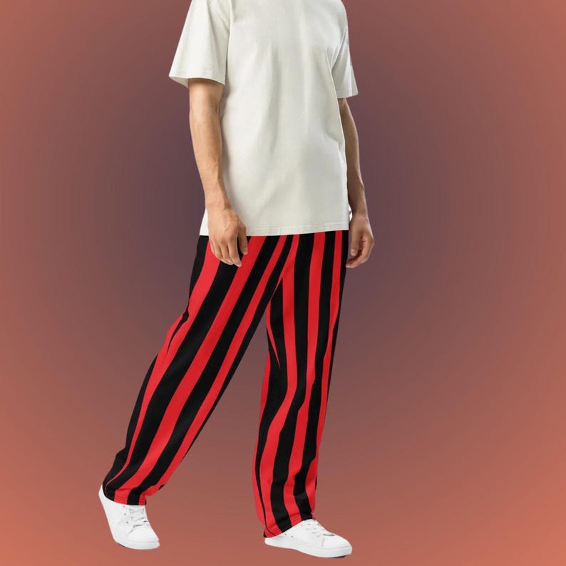 red and black vertical striped wide leg joggers/sweatpants