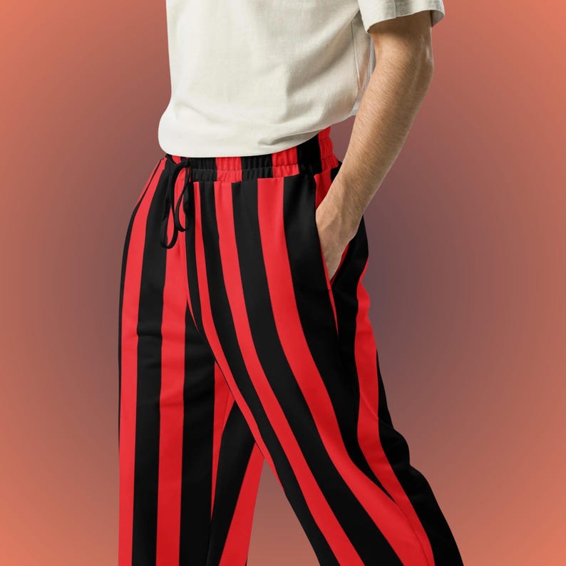 red and black vertical striped wide leg joggers/sweatpants