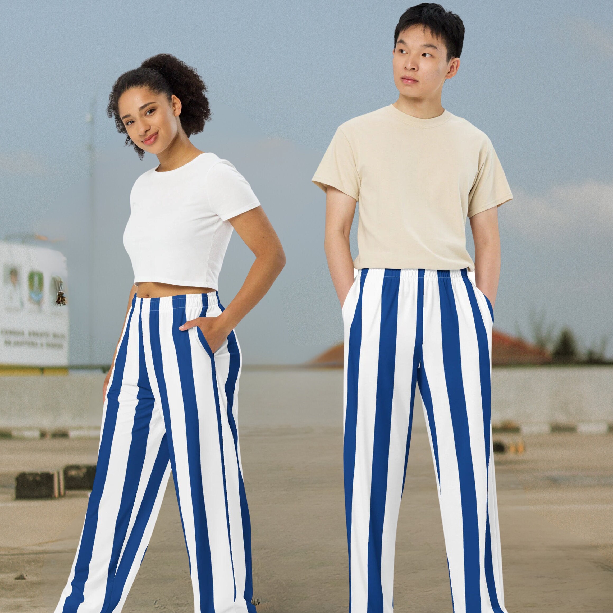 Navy blue and white striped palazzo pants sale