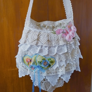 Hearts and Fairy applique Romantic Bohemian Bag.  Shabby elegance crossbody bag Purse with upcycled Vintage lace and Jewelry Valentine day