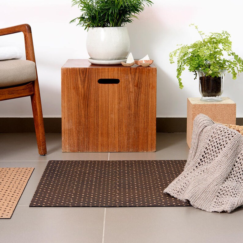 Black cork rug for bedside or kitchen Polka dot print Etsy