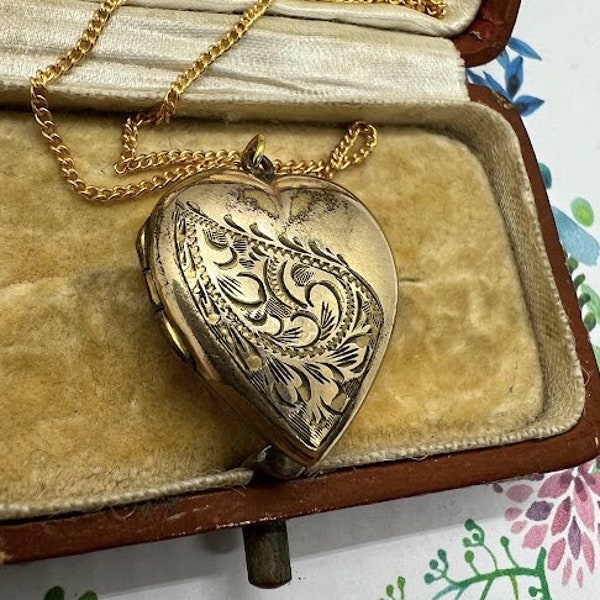 Vintage Rolled Gold Heart Locket with Floral Engraving on Modern Gold Plated Chain