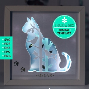 Cat Shadow Box SVG, SVG papercut 3D, modèle d'art en papier en couches, motif de scie à chantourner, cadeau floral pour amoureux des chats, art en couches avec lumière LED