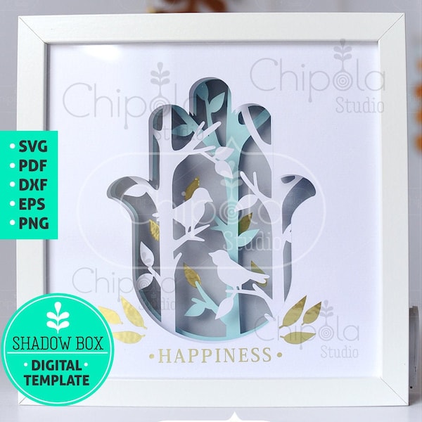 Hamsa Shadow Box SVG, 3d papercut SVG luck amulet layered paper art template, scroll saw pattern, birds and trees layered art with LED light
