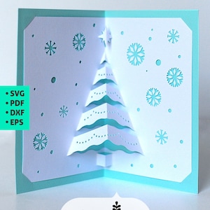 Cartão pop-up de árvore de Natal com envelope SVG, modelo de cartões 3D de Natal, arquivo de convite de inverno, cartão de corte de papel, árvore de Natal, floco de neve