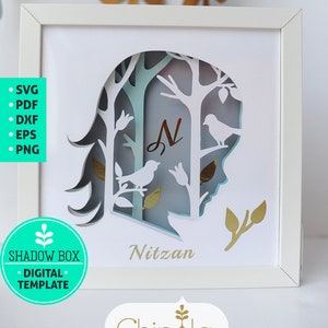 Peut inclure: Un cadre blanc avec un design découpé en papier bleu et blanc représentant une scène de forêt avec des oiseaux et le nom Nitzan. Le cadre est étiqueté "Shadow Box - Digital Template" et "Chipola".
