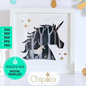 Unicorn Shadow Box SVG, 3d papercut SVG, layered paper art template, scroll saw pattern, vector unicorn in forest layered art with LED light