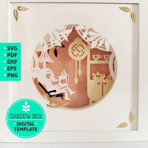 May include: A digital template for a shadow box featuring a mouse reading a book in a rocking chair. The scene is set in a cosy room with a clock, a teapot, and teacups. The template is available in SVG, PDF, DXF, EPS, and PNG formats.  The template is labelled "Shadow Box - Digital Template".