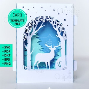 Christmas 3D Card SVG, 3d SVG, pop-up card, 3d Papercut Card, tunnel card, elk and birch trees card template, new year card, layered card