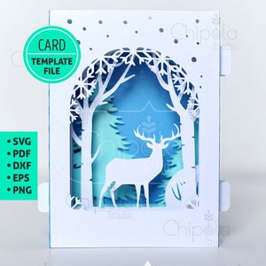 Carte 3D de Noël SVG, SVG 3D, carte pop-up, carte Papercut 3D, carte tunnel, modèle de carte d’élans et de bouleaux, carte du nouvel an, carte en couches