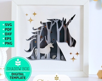 Unicorn Shadow Box SVG, SVG découpé en papier 3D, modèle d’art en papier superposé, motif de scie à chantourner, licorne vectorielle dans l’art en couches de forêt avec lumière LED