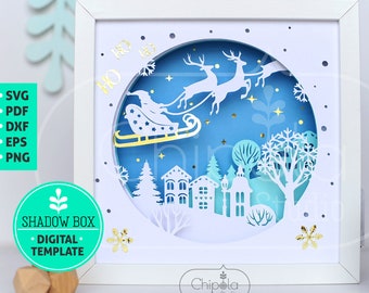 Santa Sleigh Shadow Box SVG, christmas winter 3d papercut SVG, layered paper art template with LED light, New Year, Cricut, Silhouette files