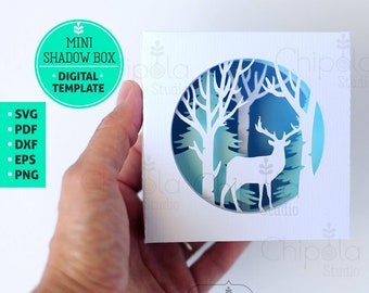 Mini Layered Shadow Box SVG with Deer, 3d papercut template, refrigerator magnet file, elk and birch trees vector frame box Cricut Joy