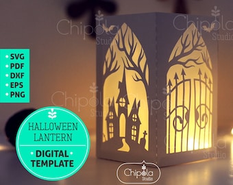 Halloween Haunted House Lantern SVG archivo de corte archivo de corte 3D, descarga de plantilla, decoración de corte de papel, corte láser, silueta Cameo, Cricut