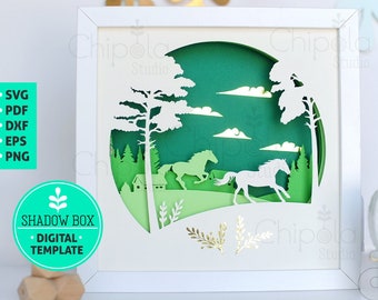 Horses running Shadow Box SVG, 3d papercut SVG, layered paper art template, scroll saw pattern, horse lovers gift layered art with LED light