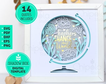 Teachers Change the World Shadow Box SVG, 3d papercut, paper art template, vector educator, layered art with LED light gift for teacher