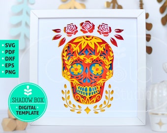 Sugar Skull Shadow Box SVG, Day of the dead art with LED light, Calavera 3d papercut, Layered paper art template, scroll saw pattern