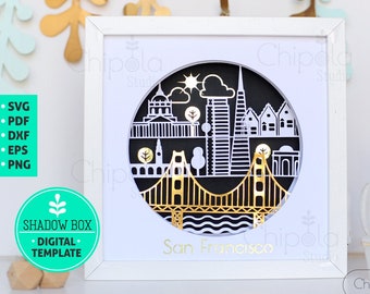 San Francisco City Shadow Box SVG, 3d papercut SVG, layered paper art template, Golden Bridge layered art with LED light, Cricut, Silhouette