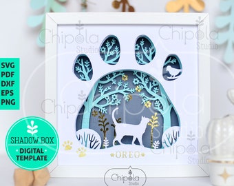 Cat Paw Shadow Box SVG, 3d papercut SVG, layered paper art template, scroll saw pattern, cat lovers floral gift layered art with LED light