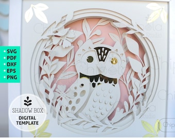 Owl Shadow Box SVG, cute 3d papercut SVG, layered paper art template, scroll saw pattern, baby shower gift layered art with LED light