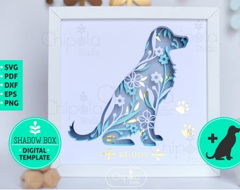 Dog with flowers Shadow Box SVG, 3d papercut, layered paper art template, scroll saw, dog lovers floral gift layered art with LED light