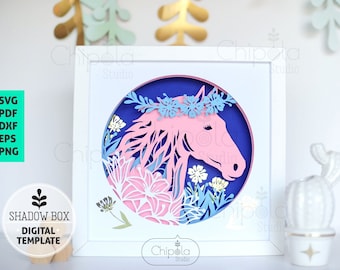 Horse Shadow Box SVG, 3d papercut SVG, layered paper art template, scroll saw pattern, horse lovers floral gift layered art with LED light