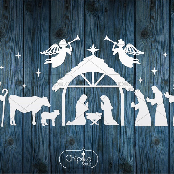 Crèche de Noël SVG, modèle téléchargeable religieux chrétien découpé en papier 3D, motif de scie à chantourner, art de la naissance de Jésus, Cameo Silhouette, Cricut