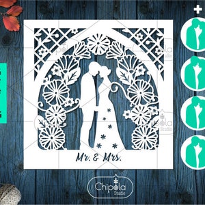 Wedding SVG cut file, Romantic Template SVG, Bridesmaid gift , Papercut gift, bride and groom, Mr. & Mrs. flowers decor, couple, Cricut