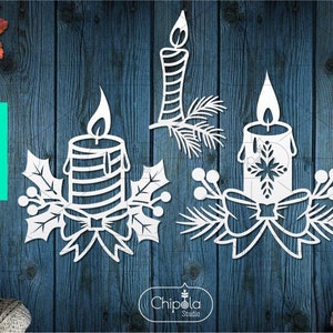 3 candele natalizie decorazione SVG taglio pacchetto di file, ramo di pino, modello di ramo di abete in formato SVG, cricut, silhouette, laser, download, ornamento