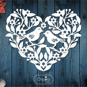Arquivo de corte SVG de pássaros de coração, ornamento de dia dos namorados SVG, presente de coração floral, presente de corte de papel para dia dos namorados svg, modelo de corte, arquivo de corte de vetor de folhagem