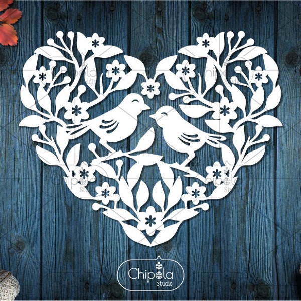 Heart Birds SVG cut file, Valentine Ornament SVG, Floral heart gift, Papercut gift for Valentine svg, cut template, foliage vector cut file