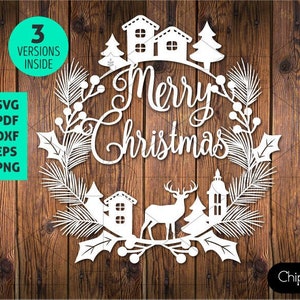 Corona de Navidad Decoración SVG archivo cortado, corona de rama de pino de árbol, corona con plantilla de ciervo, cricut, silueta, troquelado, láser, descargar