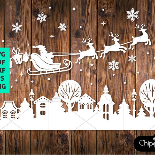 Christmas town Decoration SVG cut file, Window Decoration Village, Town Decoration, Santa Sleigh svg, reindeer, houses template svg