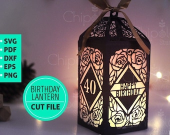 Birthday Roses Lantern, Custom name and age centerpiece table decoration SVG, luminary LED template Download, Silhouette, Cricut, laser