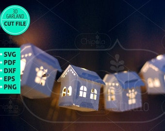 Guirlanda de casinhas de Natal em SVG, modelo de papel para decoração 3D, molde para recorte de vila de inverno, Download, Ano Novo, Corte a Laser, Silhouette Cameo, Cricut