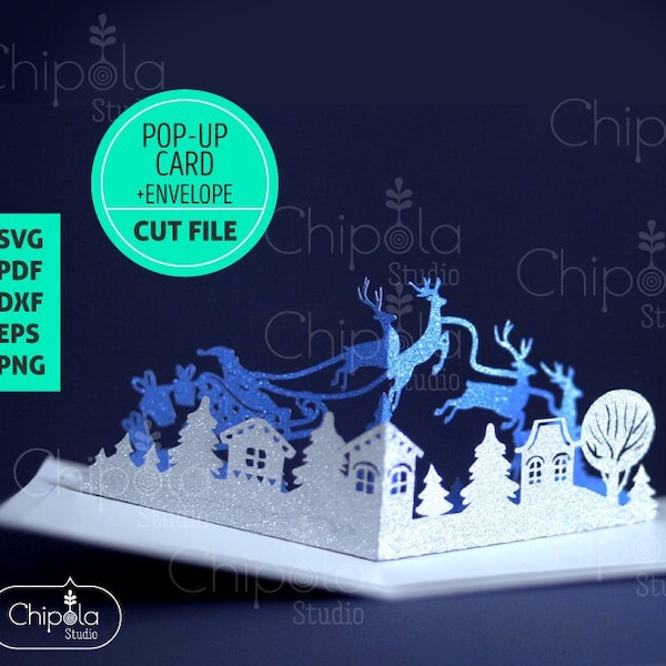 Père Noël Pop up Card SVG avec enveloppe, modèle de cartes de Noël SVG, fichier d'invitation de Noël, carte Papercut, Cricut, Silhouette, découpé au laser.