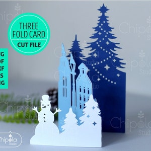 Cartão de Natal triplo + envelope SVG, modelo de cartão de inverno SVG, arquivo de convite de Natal, cartão de corte de papel, boneco de neve, silhueta, Cricut
