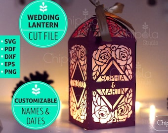 Wedding Roses Lantern, add Custom names and date centerpiece table decoration SVG, luminary LED template Download, Silhouette, Cricut, laser