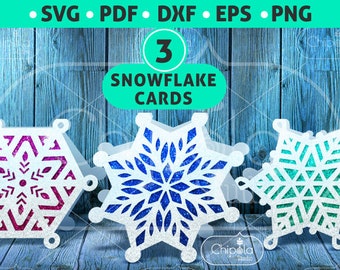 May include: Three snowflake card designs. The snowflakes are white with blue, pink, and green glitter accents. The text "3 Snowflake Cards" is in a green box.