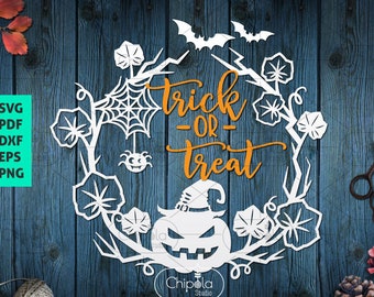 Halloween Wreath SVG cut file, Ornament decoration Spooky Pumpkin, trick or treat spider web, Paper cut digital template files, download